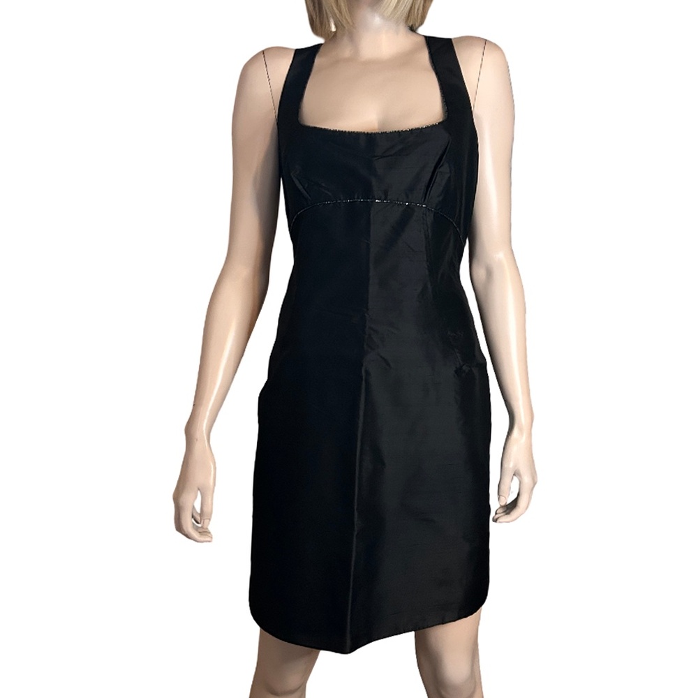 Tahari 100% Silk Little Black Dress Cocktail Beading Detail Square Neckline NWOT